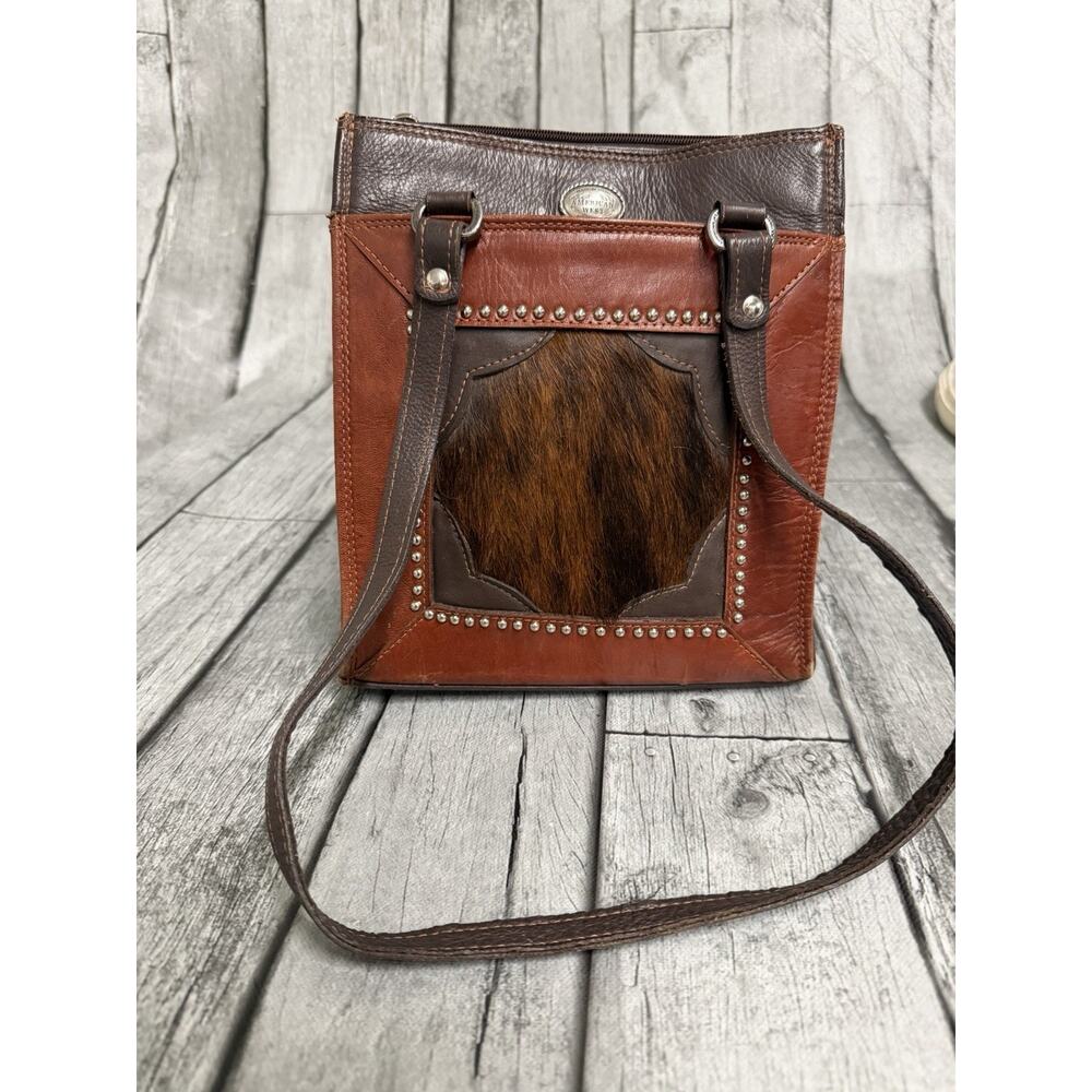 American West Vintage Leather Bag W/ Calf Hair Made By Hand Brown 2 Strap Purse